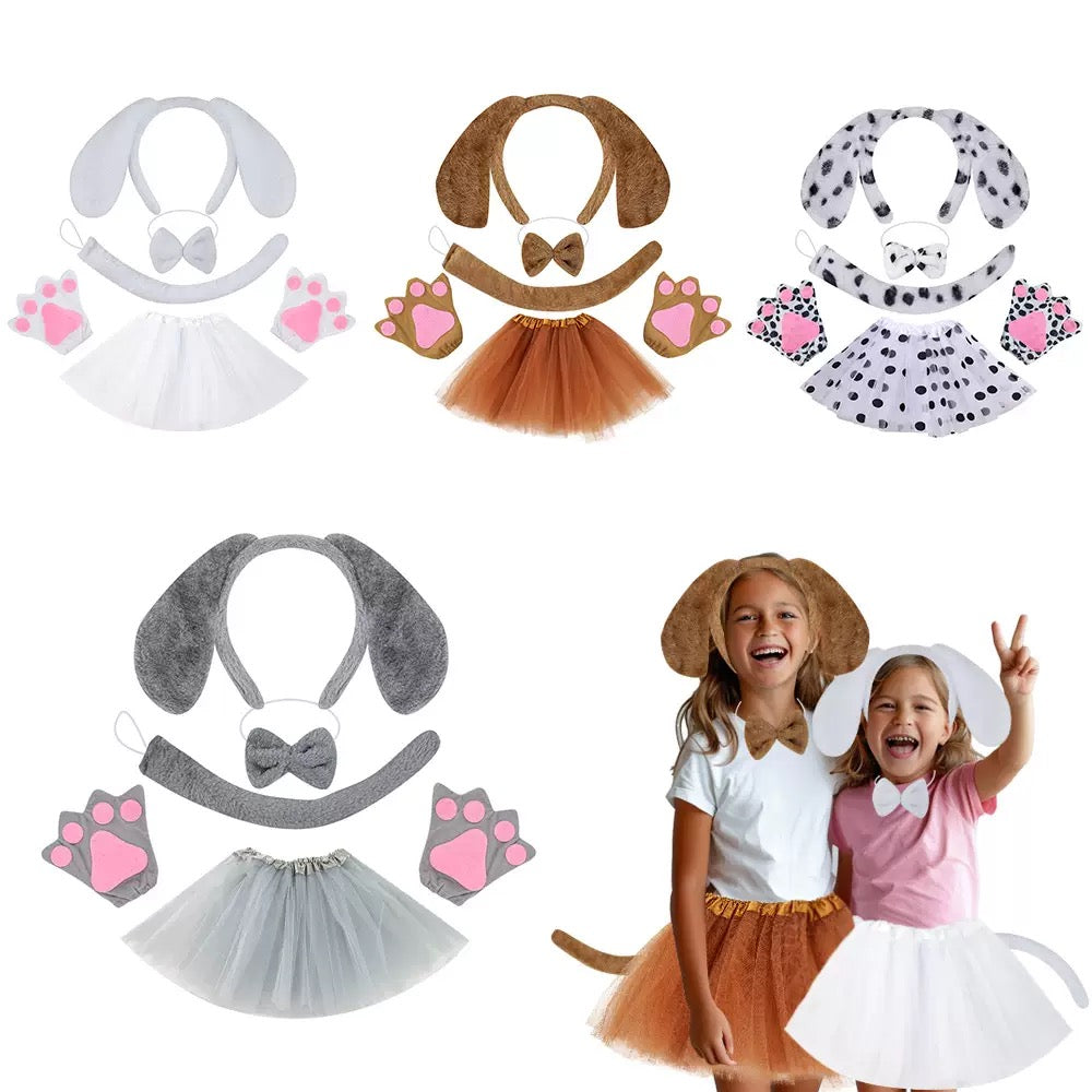 Dalmatian print dog outfit set with floppy ears, gloves, tail, and dotted skirt – adorable animal dress-up.